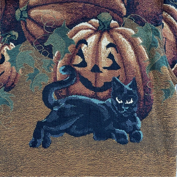 Vintage 90s Sugar Street Weavers Halloween Pumpkin Celestial Cat Tapestry Jacket - Picture 12 of 17